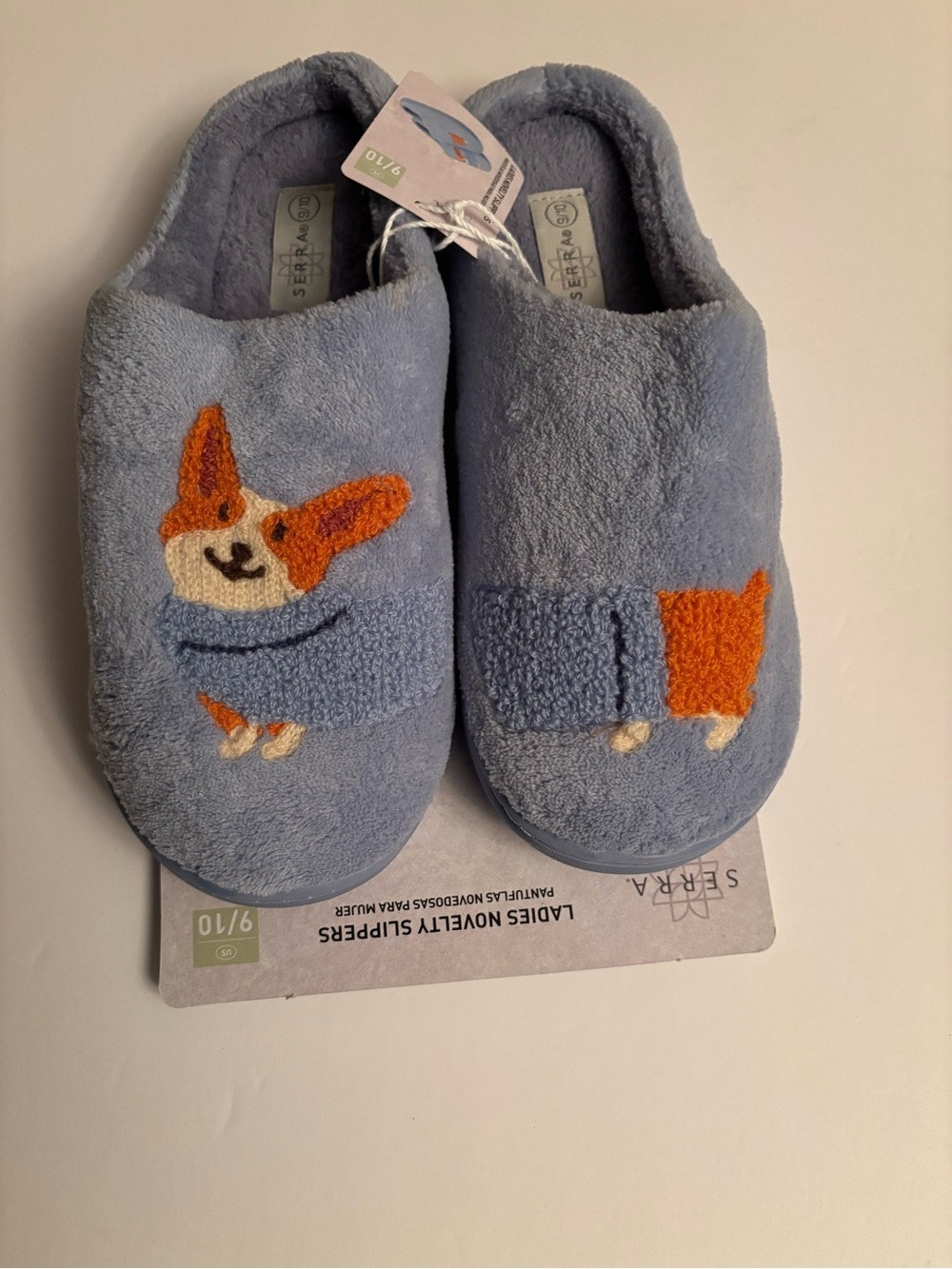 Serra women's adult size 9/10 Light Blue Corgi Plush Slip-On Slippers